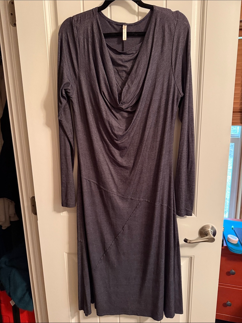 Draped Long-Sleeve Midi Dress in Charcoal Gray